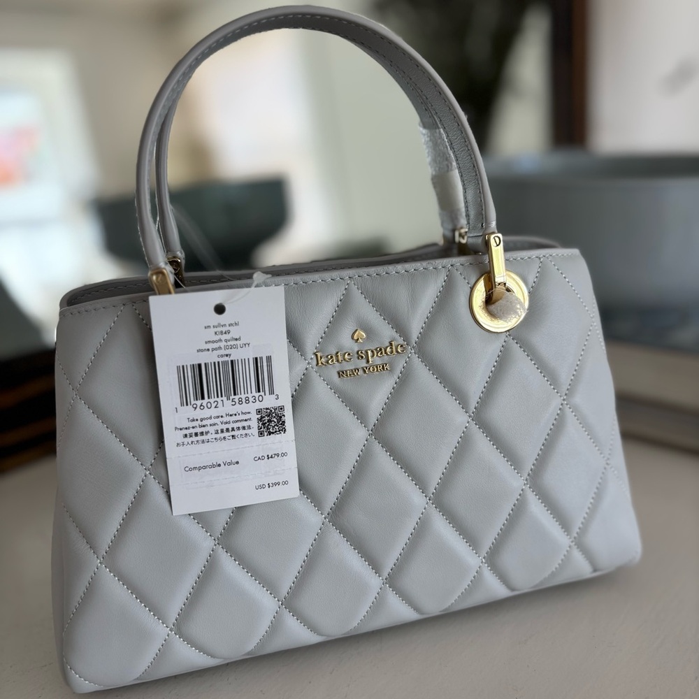 KATE SPADE Satchel Leather Quilted Handbag White Stone Path Light Grey Purse - Picture 6 of 15